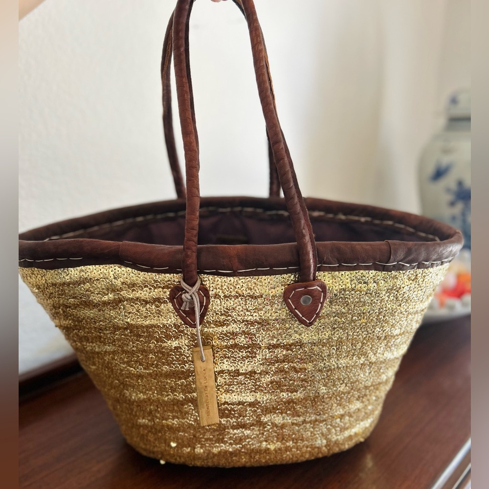 Anthropologie Monserat De Lucca 
Tejada Gold Sequin Leather Beach Tote Back